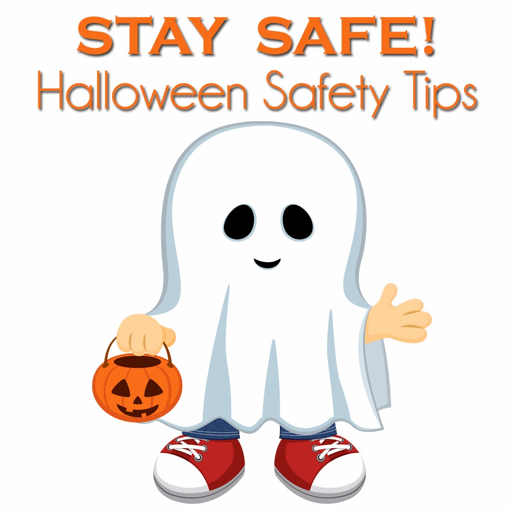 "Stay Safe! Halloween Safety Tips" sign & animated ghost costume